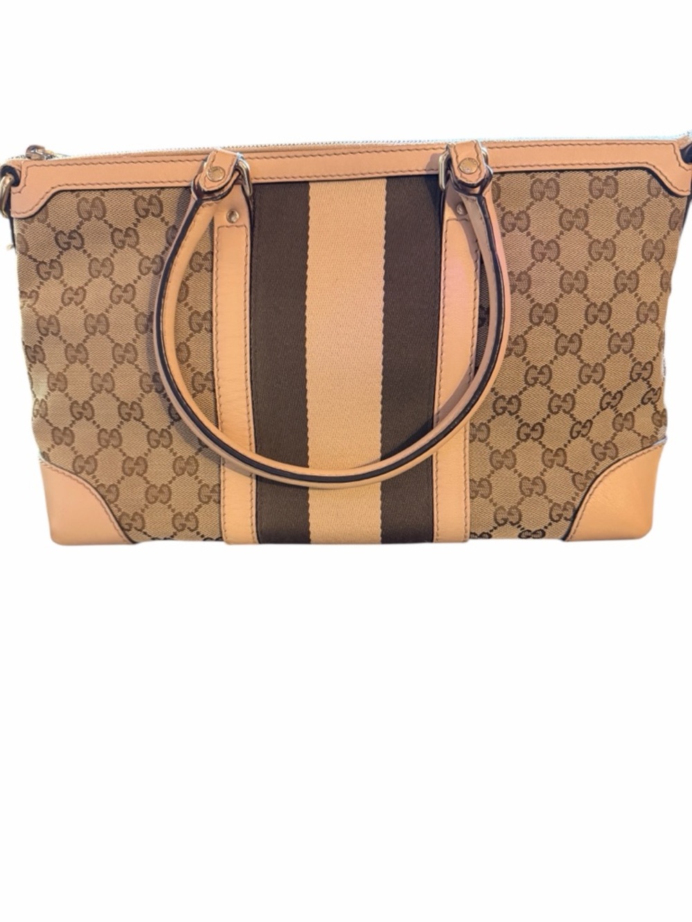 ✨ PRISTINE ✨ Gucci GG Monogram Canvas Web Stripe Tote Bag – Tan Leather - Picture 5 of 14